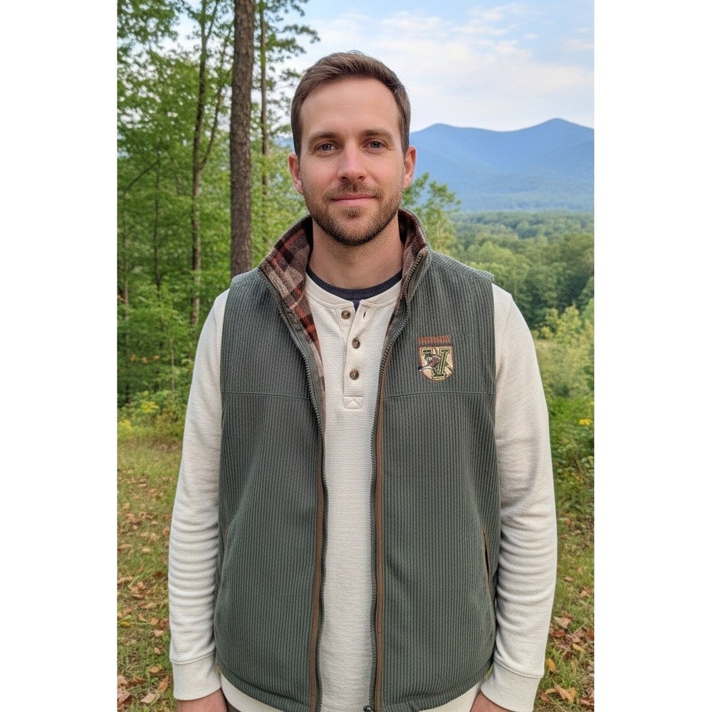 Renegade Club Plaid Trim Vest Men's Green Size L Zip Up Outdoor Ribbed Casual‎